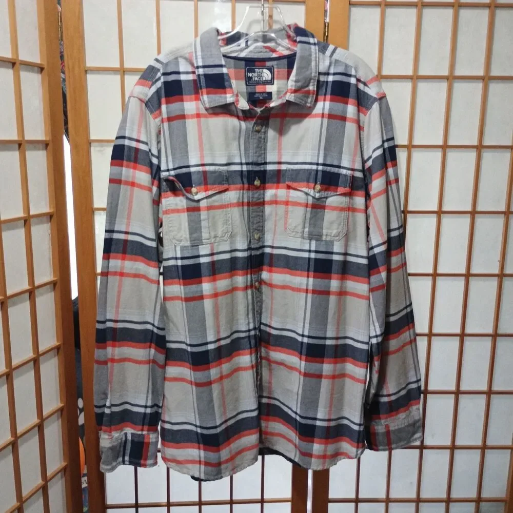 The North Face Mens XL Plaid Flannel Shirt Red Blue Gray Button Up Outdoor